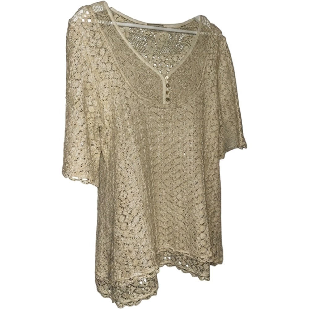 Vintage Pleione Womens Cream Crochet Lace Henley Top Shell Buttons Size Large